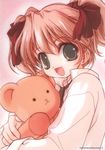  :d artist_request bow copyright_request green_eyes hair_ribbon happy long_sleeves open_mouth pink_hair ribbon scan short_hair short_twintails smile stuffed_animal stuffed_toy teddy_bear twintails 