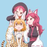  3girls ahoge animal_ear_fluff animal_ears bangs black_hoodie blonde_hair blush bow bowtie breasts brown_eyes cat_ears commentary_request detached_sleeves director_connection elbow_gloves extra_ears eyebrows_visible_through_hair eyes_closed gloves hood hood_up hoodie japanese_clothes kemono_friends kemurikusa long_hair multiple_girls open_mouth print_gloves print_neckwear print_skirt red_eyes red_hair ribbon-trimmed_sleeves ribbon_trim riku_(kemurikusa) ritsu_(kemurikusa) serval serval_(kemono_friends) serval_ears serval_print shirt short_hair skirt sleeveless sleeveless_shirt sleeves_past_fingers sleeves_past_wrists smile underskirt waist_bow wide_sleeves zashikiwasabi 