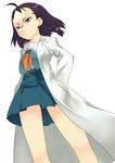  black_hair blue_eyes braid forehead from_below frown glasses hair_ornament hands_in_pockets kamishakujii_renko kujibiki_unbalance labcoat legs long_sleeves looking_afar mizuki_makoto pince-nez school_uniform skirt solo white_background 