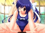  blue_hair chokotto_vampire! name_tag one-piece_swimsuit ribbon school_swimsuit solo stretch swimsuit tokugawain_misao yuyi 
