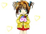  artist_request box brown_hair cardcaptor_sakura cowboy_shot gift gift_box gloves green_eyes heart-shaped_box holding jacket kinomoto_sakura long_sleeves looking_at_viewer lowres miniskirt pink_gloves pleated_skirt red_skirt short_hair simple_background skirt smile solo standing two_side_up white_background yellow_jacket 