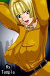  alice_l_malvin angry armpits arms_behind_head arms_up bangs bdsm belt blonde_hair blue_eyes blunt_bangs blush bob_cut bondage bound breasts gloves hair_intakes large_breasts looking_at_viewer open_mouth profile pumpkin_scissors short_hair silhouette solo temple_(artist) trench_coat upper_body 