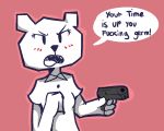  2019 angry anthro blush bzeh cartoon_network clothed clothing dialogue english_text female gun handgun holding_object holding_weapon mammal open_mouth paper pistol ranged_weapon reaction_image simple_background solo standing teri_(tawog) text the_amazing_world_of_gumball threat ursid weapon 