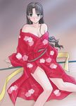  black_hair blush boribeya breasts cleavage fate/stay_night fate_(series) hair_down japanese_clothes kimono long_legs lowres medium_breasts solo toosaka_rin 