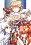  5girls 90s ahoge armor bangs bare_shoulders blonde_hair blue_eyes blush breastplate cape circlet closed_eyes crotch_plate dieharte_(langrisser) double_bun dual_wielding fantasy fighting_stance flare_(langrisser) glint greaves hair_between_eyes hair_ribbon headband holding langrisser langrisser_iii liffany_(langrisser) light_particles light_smile long_hair looking_at_viewer luna_(langrisser) mole mole_under_eye multiple_girls official_art orange_hair parted_bangs parted_lips red_eyes red_hair ribbon shiny shiny_hair short_hair silver_hair smile sophia_(langrisser) spiked_hair standing sword tiaris_(langrisser) turtleneck twintails urushihara_satoshi vambraces weapon white_hair 