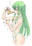  blush breasts c.c. casual_one-piece_swimsuit cleavage code_geass eating food green_hair holding_pizza long_hair medium_breasts navel one-piece_swimsuit pizza satou_atsuki simple_background slice_of_pizza solo sweatdrop swimsuit thighs 