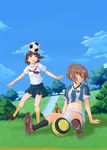  aerow aihara_nana ball black_legwear brown_hair cloud day grass imo_works kibina_high_school_uniform kimi_kiss midriff multiple_girls orange_legwear playing_sports sakino_asuka school_uniform shorts sitting sky soccer soccer_ball socks sport telstar 