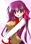  artist_request bow bowtie cowboy_shot fate/stay_night fate_(series) long_hair long_sleeves looking_at_viewer matou_sakura pink_background purple_eyes purple_hair purple_skirt red_bow red_neckwear shirt simple_background skirt solo sweatdrop sweater_vest v_arms white_shirt 