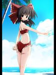  ass bikini black_eyes brown_hair day from_behind hair_tubes hakurei_reimu horizon looking_back open_mouth outdoors palm_tree pillarboxed red_bikini seo_tatsuya solo swimsuit touhou tree water 