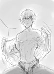  1boy bangs belt blush briefs collared_shirt dress_shirt glasses greyscale hazama_michio idolmaster idolmaster_side-m jintaso long_sleeves looking_at_viewer male_focus male_underwear monochrome nipples open_clothes open_fly open_shirt pants parted_lips pov shirt solo underwear undressing wall 