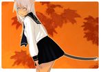  animal_ears autumn_leaves bangs cat_ears cat_tail cowboy_shot from_side kiriman_(souldeep) leaf leaf_background leaning_forward long_hair long_sleeves looking_at_viewer maple_leaf open_mouth orange_background original outline outside_border pleated_skirt school_uniform serafuku silver_eyes silver_hair skirt smile solo tail 