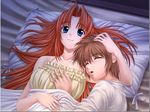  1girl afterglow bed blue_eyes brown_hair couple cuddling game_cg hand_on_another's_head happy hetero hiiragi_kuuya hug inugami_honami long_hair lying nee_chanto_shiyou_yo! nee_chanto_shiyou_yo!_2 on_back orange_hair pillow shironeko_sanbou smile 