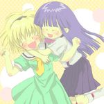  artist_request blonde_hair blue_hair blue_skirt blush bow bowtie closed_eyes dress furude_rika green_dress green_skirt higurashi_no_naku_koro_ni houjou_satoko hug hug_from_behind long_hair lowres multiple_girls pink_bow plait skirt smile suspenders teeth white_legwear yellow_bow yellow_neckwear 