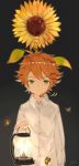  1girl :| ahoge bug butterfly closed_mouth emma_(yakusoku_no_neverland) flower green_eyes grey_background heixie highres holding_lantern insect lantern looking_at_viewer orange_hair shirt short_hair standing sunflower tattoo upper_body white_shirt yakusoku_no_neverland 