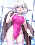  1girl arena_(company) breasts brown_towel collarbone competition_swimsuit cowboy_shot embarrassed eyebrows_visible_through_hair fate/grand_order fate_(series) hair_between_eyes highres indoors jeanne_d&#039;arc_(alter)_(fate) jeanne_d&#039;arc_(fate)_(all) looking_at_viewer medium_breasts one-piece_swimsuit open_mouth pink_swimsuit pool rei_no_pool short_hair silver_hair solo standing sunlight swimsuit thighhighs towel water wet wet_clothes wet_swimsuit white_legwear window yellow_eyes zanntetu 