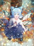 1girl absurdres autumn autumn_leaves blue_dress blue_eyes blue_hair cattleya_(a_yel_ttac) cirno clenched_hands dress from_above highres ice ice_wings open_mouth shirt short_sleeves smile snowflakes solo touhou white_shirt wings 