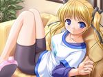  bekkankou bike_shorts blonde_hair blue_eyes blush chair game_cg hair_ribbon long_hair long_sleeves reclining ribbon shibugaki_matsuri slippers smile solo tsuki_wa_higashi_ni_hi_wa_nishi_ni 