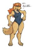  2018 4_fingers 4_toes annoyed anthro black_nose breasts brown_eyes canid canine canis chest_tuft claws clothed clothing dialogue domestic_dog english_text female fur guoh hair hi_res mammal navel one-piece_swimsuit orange_hair red_hair scar simple_background solo standing swimsuit tan_fur text toe_claws toes tuft white_background 