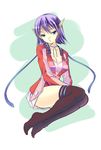  black_legwear blue_eyes breasts cleavage feet karen_erra large_breasts legs long_sleeves looking_down no_shoes phantasy_star phantasy_star_universe pointy_ears purple_hair short_hair simple_background sitting skirt solo tenka_taihei thighhighs zettai_ryouiki 