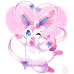 3_toes ambiguous_gender blue_eyes bow cotora cute_fangs dot_nose eeveelution fluffy_ears fur happy jumping long_ears looking_at_viewer markings nintendo one_eye_closed pawpads pink_ears pink_fur pink_pawpads pink_paws pink_tail pok&eacute;mon pok&eacute;mon_(species) pose ribbons snout socks_(marking) solo sylveon toes tongue video_games white_fur 