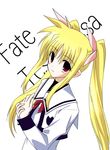  blonde_hair bow character_name fate_testarossa long_hair long_sleeves lyrical_nanoha mahou_shoujo_lyrical_nanoha mahou_shoujo_lyrical_nanoha_a's red_bow red_eyes school_uniform seishou_elementary_school_uniform smile solo twintails yamaura_tamaki 