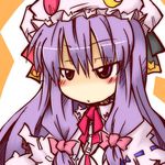  bow cappccino crescent hat long_hair lowres patchouli_knowledge pink_bow purple_hair solo touhou 