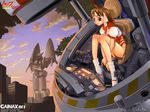  brown_eyes brown_hair cockpit gainaxtop gunbuster gym_uniform headband hirai_yukio leotard logo mecha purple_leotard socks solo takaya_noriko top_wo_nerae! 