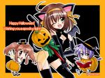  animal_ears asahina_mikuru brown_hair bubble_skirt c-chaos cat_ears cosplay halloween happy_halloween jack-o'-lantern multiple_girls nagato_yuki orange_skirt pumpkin pumpkin_costume short_hair skirt suzumiya_haruhi suzumiya_haruhi_no_yuuutsu thighhighs wings witch 