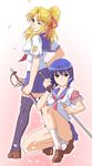  g-tetsu highres kiriya_erika kurogane_otome multiple_girls one_eye_closed school_uniform sword thighhighs tsuyokiss weapon 