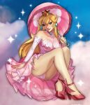  1girl ass bare_shoulders blonde_hair blue_eyes breasts christine_spiegel crown dress earrings elbow_gloves gloves highres jewelry large_breasts long_hair looking_at_viewer mario_(series) panties princess_peach smile solo umbrella underwear white_gloves 