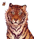  2018 absurd_res ambiguous_gender arthropod butterfly digital_media_(artwork) duo felid feral fur giulialibard green_eyes hi_res insect insect_wings lepidopteran mammal monarch_butterfly pantherine pink_nose siberian_tiger signature simple_background solo_focus stripes tiger whiskers white_background wings 