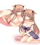  1girl alternate_costume ass bare_shoulders black_ribbon breasts brown_eyes butt_crack cleavage eyebrows_visible_through_hair gradient_hair hair_between_eyes hair_ribbon heterochromia highres hirune_(konekonelkk) kantai_collection large_breasts light_brown_hair lingerie long_hair lying multicolored_hair multiple_views murasame_(kantai_collection) negligee nude on_stomach panties purple_panties red_eyes remodel_(kantai_collection) ribbon simple_background two_side_up underwear underwear_only white_background 