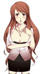  asahina_mikuru_(adult) blush breasts cleavage huge_breasts misaki_takahiro pencil_skirt skirt solo suzumiya_haruhi_no_yuuutsu thighhighs 