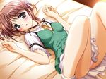  asagiri_mai bed bekkankou blush brown_hair camisole dress game_cg green_eyes hair_ribbon jewelry lying multicolored multicolored_clothes multicolored_dress necklace on_back panties pink_panties ribbon short_hair skirt socks solo underwear upskirt white_legwear white_panties yoake_mae_yori_ruri_iro_na 