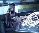  1boy 1girl absurdres bangs beret black_hat black_jacket black_neckwear commander_(girls_frontline) eyebrows_visible_through_hair facial_mark girls_frontline gloves goggles goggles_around_neck green_eyes hair_ornament hat highres hk416_(girls_frontline) indoors jacket lap_pillow long_hair long_sleeves looking_at_another lying military_jacket necktie plaid plaid_skirt sidelocks silver_hair sitting skirt star741 thighhighs white_gloves 