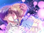  1girl bekkankou brown_hair couple fujieda_honami game_cg hetero japanese_clothes kimono kiss kuzumi_naoki tsuki_wa_higashi_ni_hi_wa_nishi_ni 