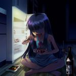  barefoot bottle chiaroscuro dark eating food furude_rika higurashi_no_naku_koro_ni indian_style lingerie long_hair mutsuki_(moonknives) nightgown no_eyes purple_hair refrigerator sitting solo underwear 