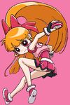  akazutsumi_momoko bare_legs belt bow dress from_behind full_body hair_bow hajime_(caramel_toone) hyper_blossom long_hair looking_at_viewer looking_back orange_hair pink_background pink_dress ponytail powerpuff_girls_z red_bow red_eyes shoes simple_background sneakers solo very_long_hair 