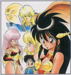  3girls 90s alternate_hair_color armor bangs bare_shoulders big_hair cape dick_saucer dragon_half horns king_siva long_hair lufa_(dragon_half) mink_(dragon_half) mita_ryuusuke multiple_boys multiple_girls old_man pia_(dragon_half) pointy_ears scan scan_artifacts traditional_media veena_(dragon_half) 