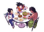  3boys armor artist_name bare_back black_eyes black_hair boots broly_(dragon_ball_super) chair chopsticks clothes_around_waist dragon_ball dragon_ball_super dragon_ball_super_broly eating food gloves holding holding_chopsticks holding_food looking_at_another looking_at_hand meat multiple_boys muscle no_shirt plate saiyan scar shirtless short_hair simple_background sitting son_gokuu spiked_hair sushi sweatdrop table topless vegeta white_gloves widow&#039;s_peak wristband 