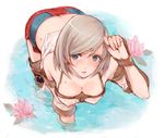  adjusting_hair ashelia_b'nargin_dalmasca belt bent_over blue_eyes breasts brown_hair cleavage covered_nipples final_fantasy final_fantasy_xii flower kasukabe_akira large_breasts looking_at_viewer parted_lips short_hair solo wading water 