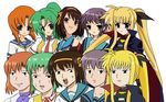  artist_request blonde_hair brown_hair cape crossover fate_testarossa gag_manga_biyori green_hair hair_ribbon higurashi_no_naku_koro_ni jpeg_artifacts kita_high_school_uniform lyrical_nanoha magical_girl mahou_shoujo_lyrical_nanoha multiple_girls nagato_yuki parody ribbon ryuuguu_rena school_uniform serafuku short_hair sonozaki_mion style_parody suzumiya_haruhi suzumiya_haruhi_no_yuuutsu twintails uniform 