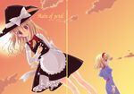  alice_margatroid apron backlighting blonde_hair blue_eyes bow cloud cover cover_page dutch_angle english futaba_miwa hair_ribbon hairband hat hat_bow juliet_sleeves kirisame_marisa long_hair long_sleeves looking_back multiple_girls petals puffy_sleeves ribbon short_hair skirt skirt_set sky sun sunlight touhou tress_ribbon twilight white_bow witch_hat yellow_eyes 
