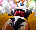  alternate_costume anthro big_breasts blue_eyes breasts camel_toe canid canine clothing cosplay costume crossgender fangs female fox fur gloves jumpjump mammal miles_prower multi_tail sonic_(series) tight_clothing video_games yellow_fur 