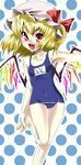  :d blonde_hair fang flandre_scarlet gengorou hat leg_lift name_tag one-piece_swimsuit open_mouth polka_dot polka_dot_background red_eyes school_swimsuit smile solo swimsuit touhou wings 