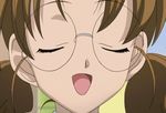  :d animated animated_gif blinking brown_eyes brown_hair eyebrows_visible_through_hair face glasses hair_strand looking_at_viewer non-web_source open_mouth portrait rimless_eyewear round_eyewear rozen_maiden sakurada_nori screencap smile solo tareme twintails 