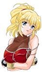  artist_request bangs blonde_hair blue_eyes breast_rest breasts cleavage crossed_arms excellen_browning eyebrows_visible_through_hair fingerless_gloves gloves large_breasts lowres open_mouth ponytail solo super_robot_wars 