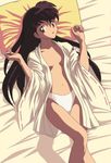 artist_request bed bottomless higurashi_kagome inuyasha long_hair long_sleeves lowres no_bra open_clothes open_shirt panties shirt solo underwear white_panties 