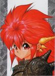  90s armor dragon_girl dragon_half dragon_horns horns long_hair mink_(dragon_half) mita_ryuusuke red_eyes red_hair solo 