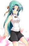  bare_shoulders green_eyes green_hair half_updo higurashi_no_naku_koro_ni long_hair ponytail skirt solo sonozaki_shion subaru_(yachika) turtleneck 